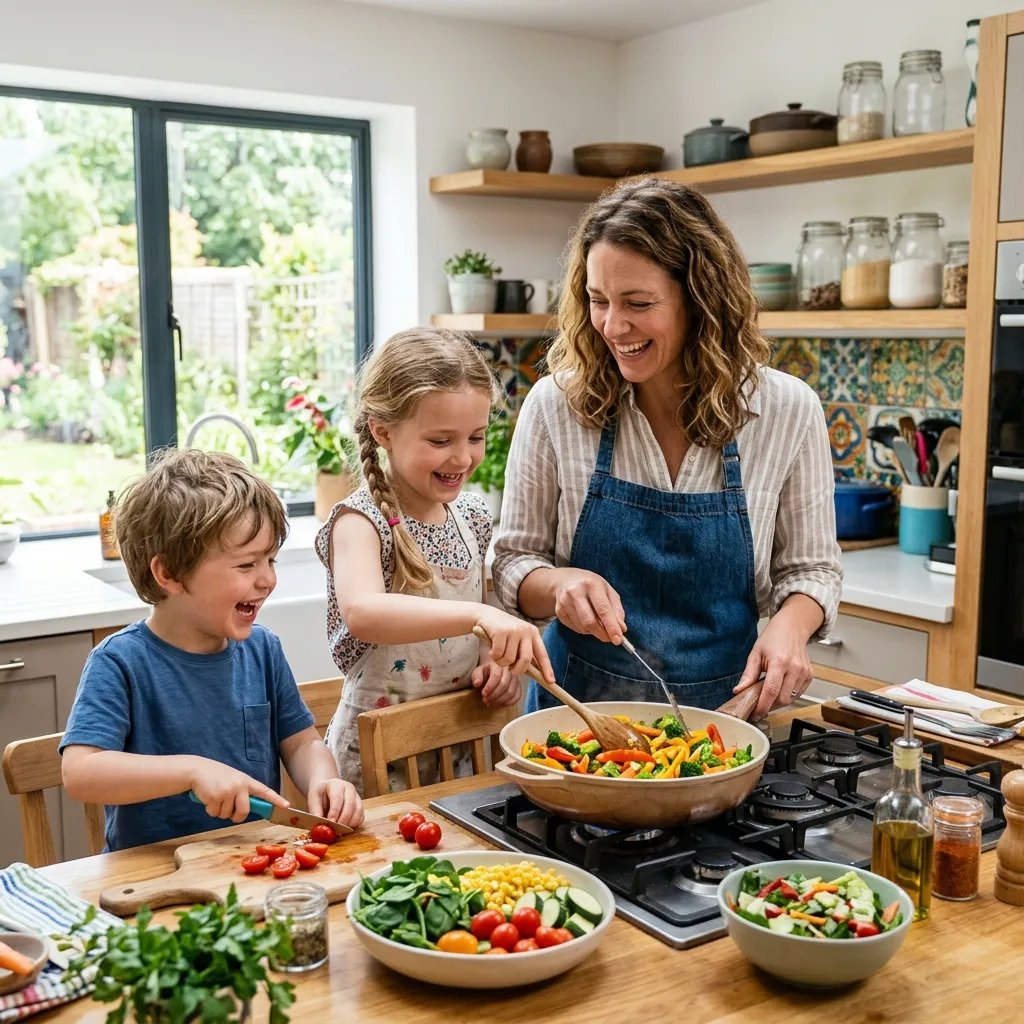 Family cooking together happily