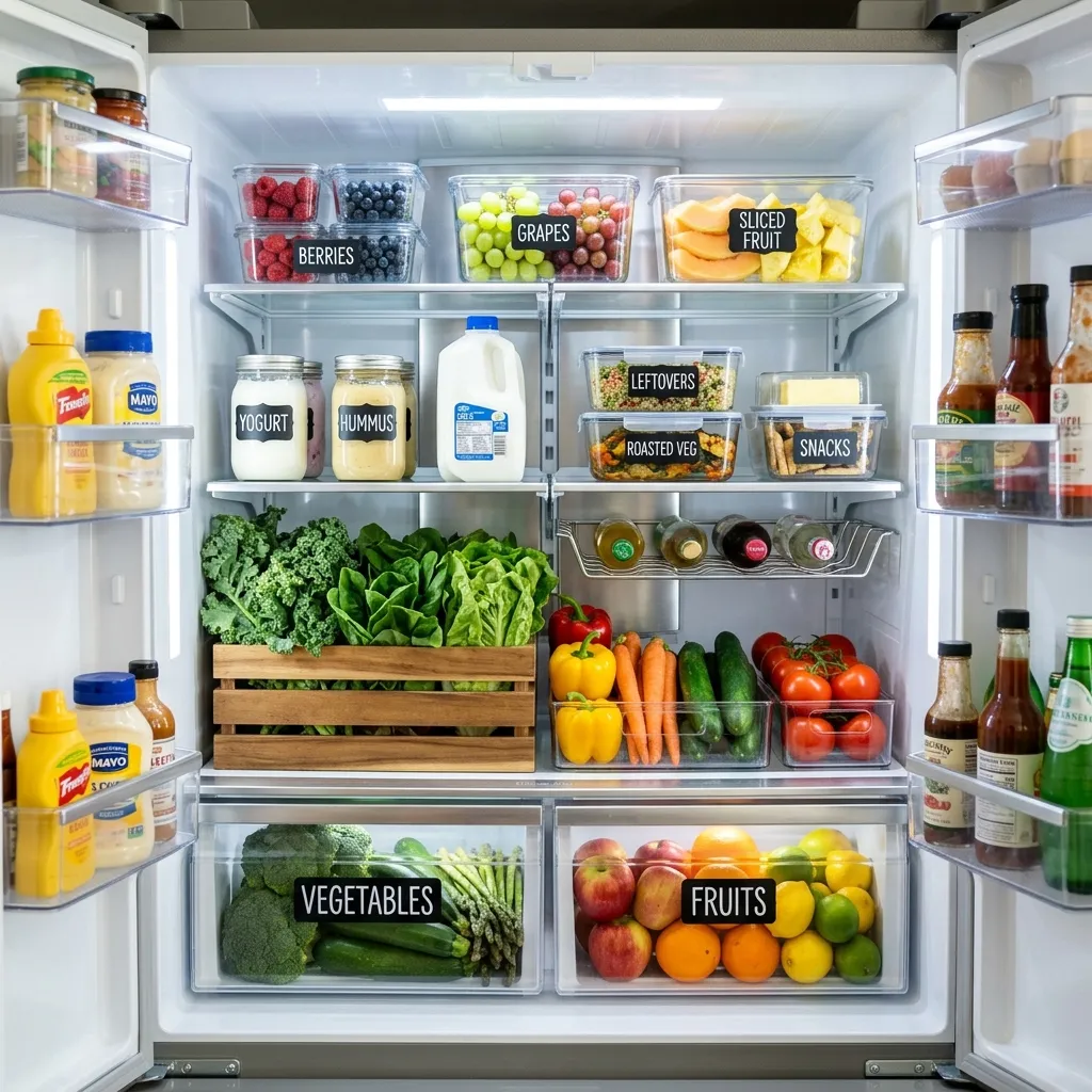 A perfectly organized bright refrigerator